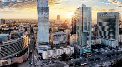 Warsaw city with modern skyscraper at sunset, Poland