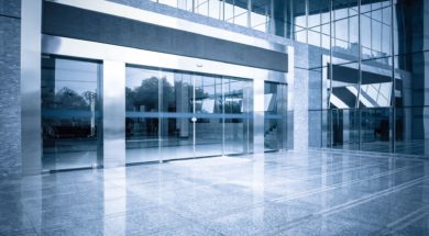 office building entrance and automatic glass door