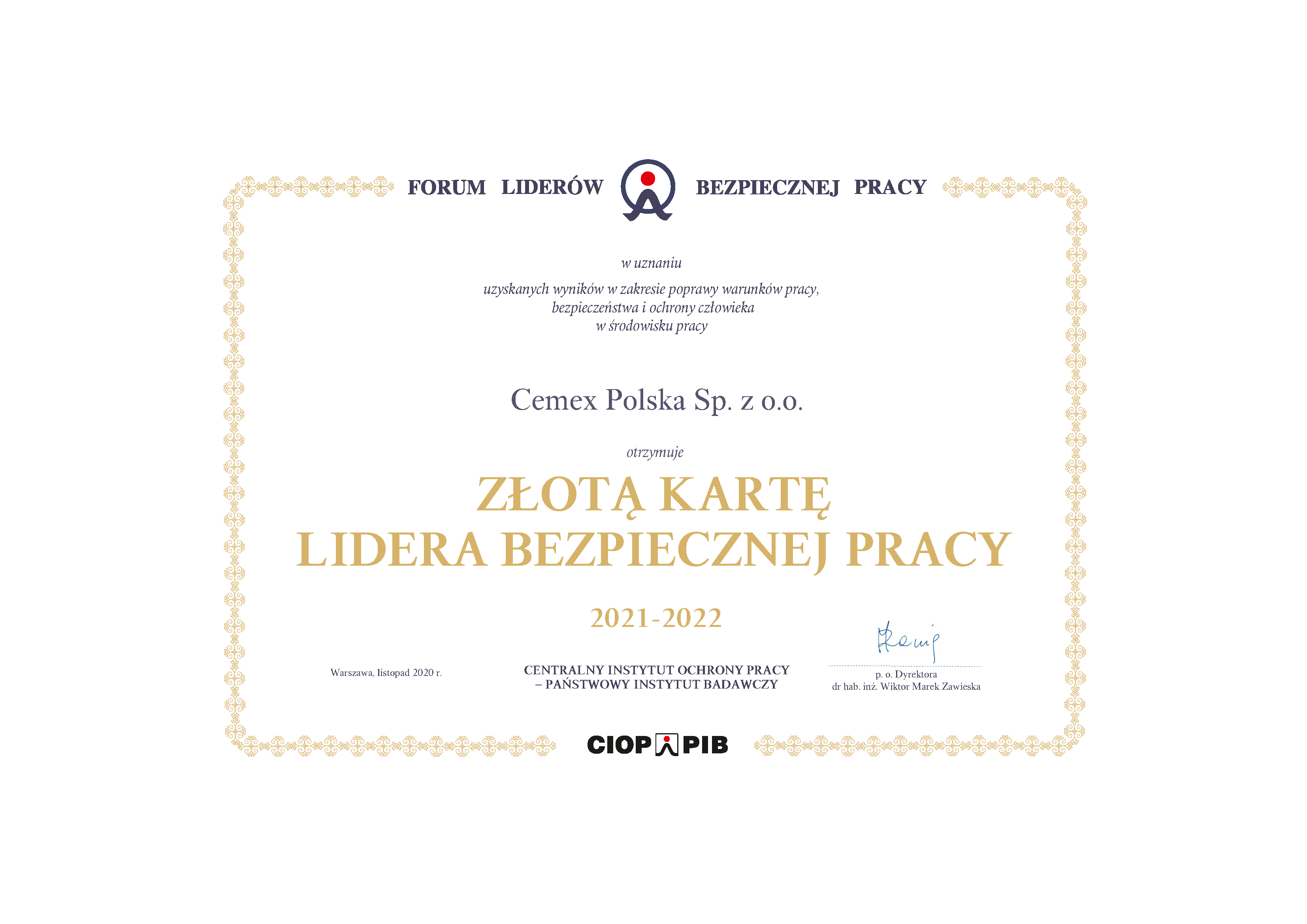 CEMEX Polska po raz trzeci wyróżniony Złotą Kartą Lidera Bezpiecznej Pracy