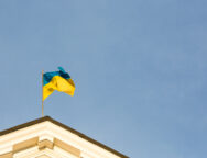 Ukrainian flag on top of a government building