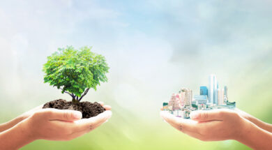 Sustainable development goals (SDGs) concept: Two human hands holding tree and city over blurred nature background