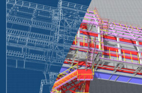 BIM model. 3D structure of building steel structures of industrial transportation gallery. Engineering, construction and industrial background. 3D rendering. Drawing blueprint.