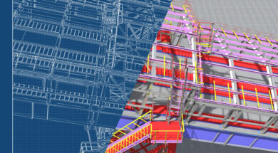 BIM model. 3D structure of building steel structures of industrial transportation gallery. Engineering, construction and industrial background. 3D rendering. Drawing blueprint.