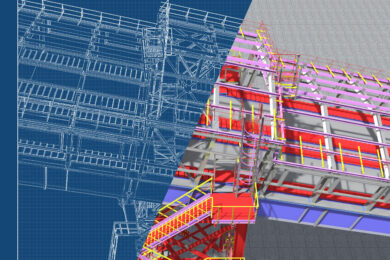 BIM model. 3D structure of building steel structures of industrial transportation gallery. Engineering, construction and industrial background. 3D rendering. Drawing blueprint.