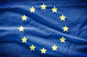 European Union Flag. Flag of European Union painted on cotton fa