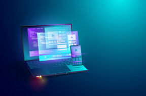 Mobile application development on laptop screen concept backgrou