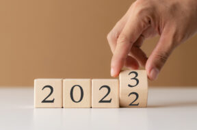 2023 new year goal planning idea, wood block cube with new year