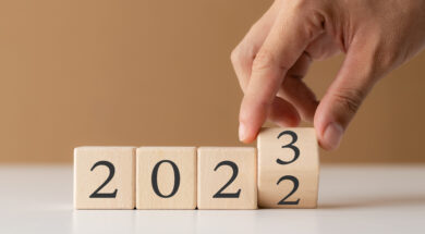 2023 new year goal planning idea, wood block cube with new year