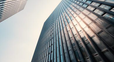 Abstract low angle view of business skyscraper building