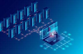 Datacenter server room cloud storage technology and big data processing Protecting data security concept. digital information. isometric. dark neon cartoon vector