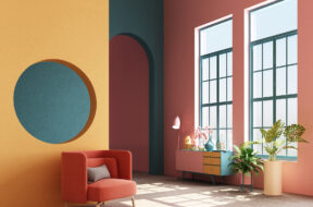 Interior concept of memphis design colorful, Armchair with console and prop. 3d render