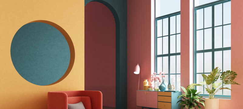 Interior concept of memphis design colorful, Armchair with console and prop. 3d render