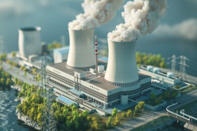 3D model of nuclear plant to renewable energy source illustration