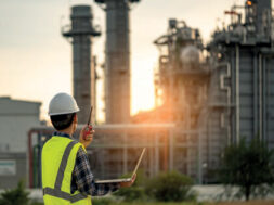 Manager Engineering in standard safety uniform working in gas turbine electric power plant during sunset or morning time background