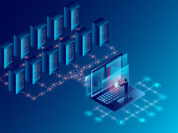 Datacenter server room cloud storage technology and big data processing Protecting data security concept. digital information. isometric. dark neon cartoon vector