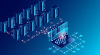 Datacenter server room cloud storage technology and big data processing Protecting data security concept. digital information. isometric. dark neon cartoon vector