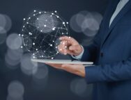 man hand tablet with network in screen
