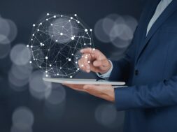 man hand tablet with network in screen