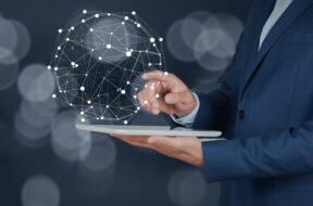 man hand tablet with network in screen